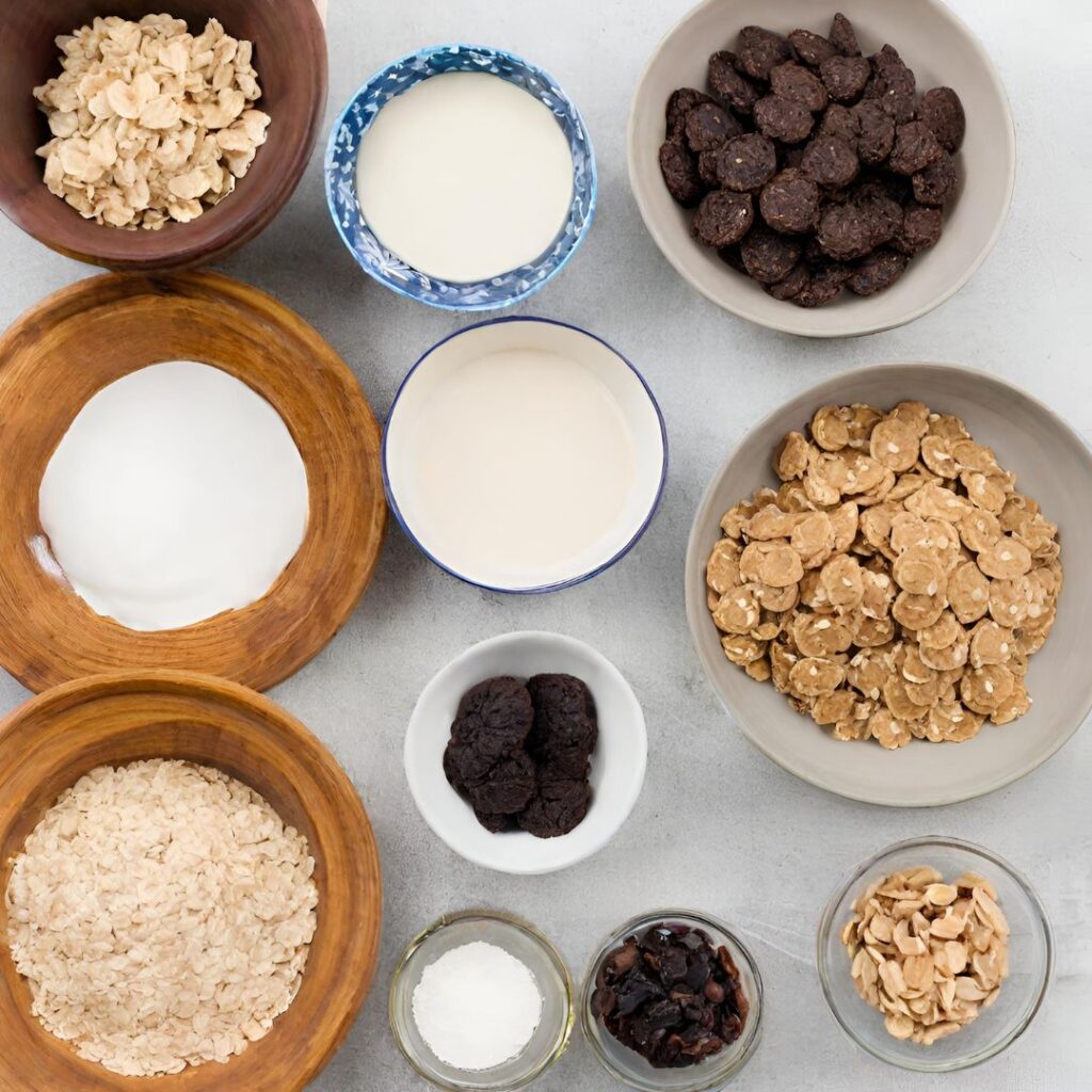 Ingredients for bakery style chewy oatmeal raisin cookies