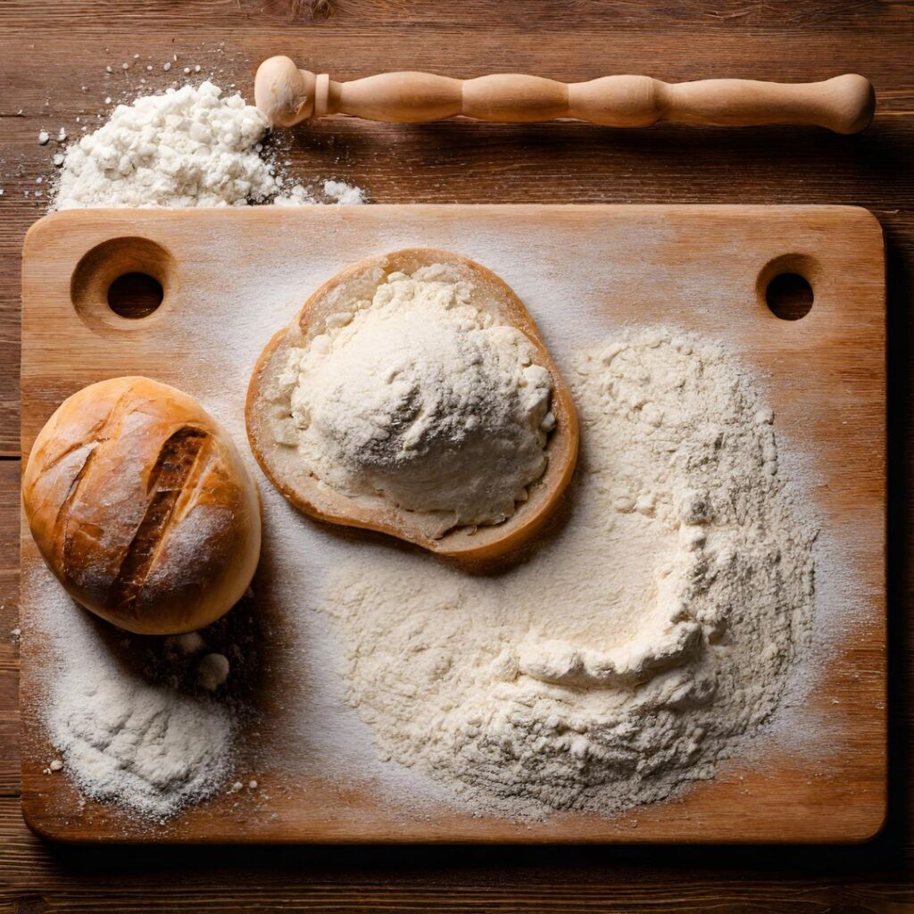 bread flour on a cutting board with a rolling pin