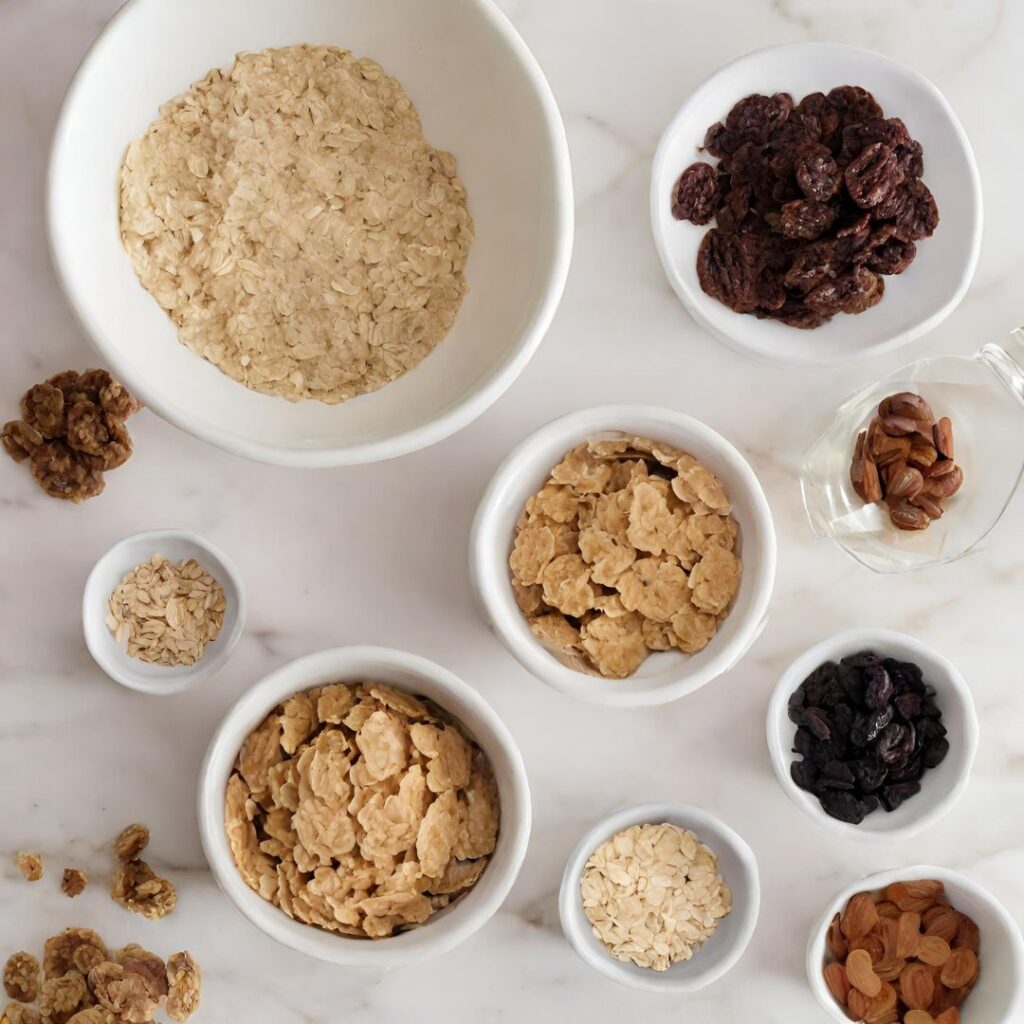 oats, raisins, and other ingredients for making oatmeal raisin cookies