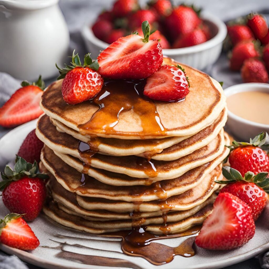 stack of pancakes with fresh strawberries and maple syrup